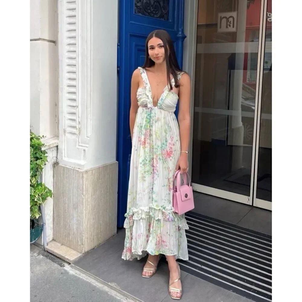 NWT Sabina Musayev Oriana Floral Maxi Dress Silk blend Open Back Ruffle Size M